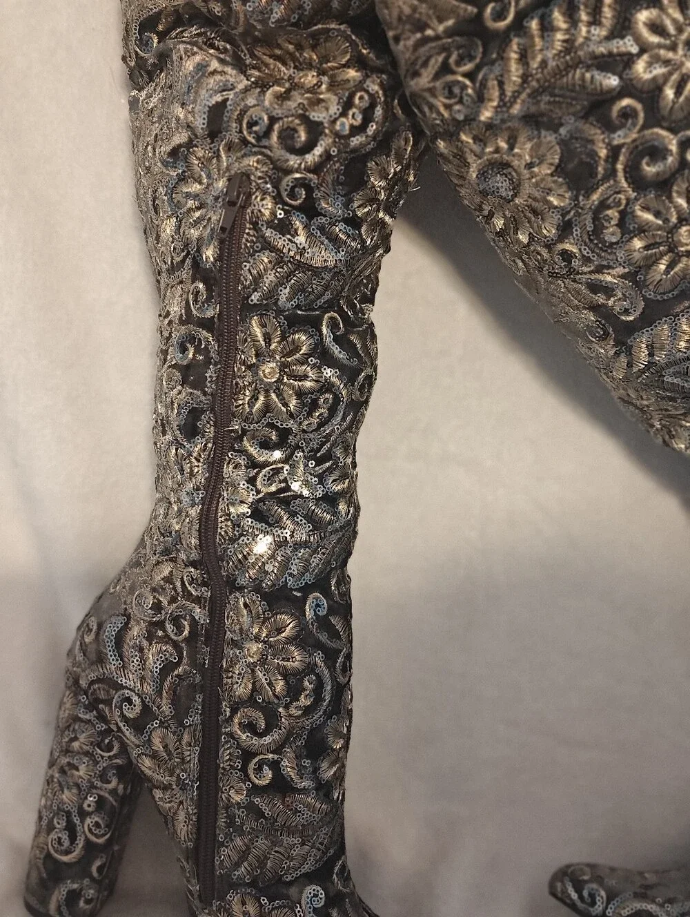 Womens Over-the-Knee Embroidered Floral Boots - Black and Gold